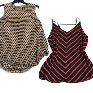 Lot of 2-WhoWhatWear/LOFT Tan and Black Patterned, & Black/Red Striped Top